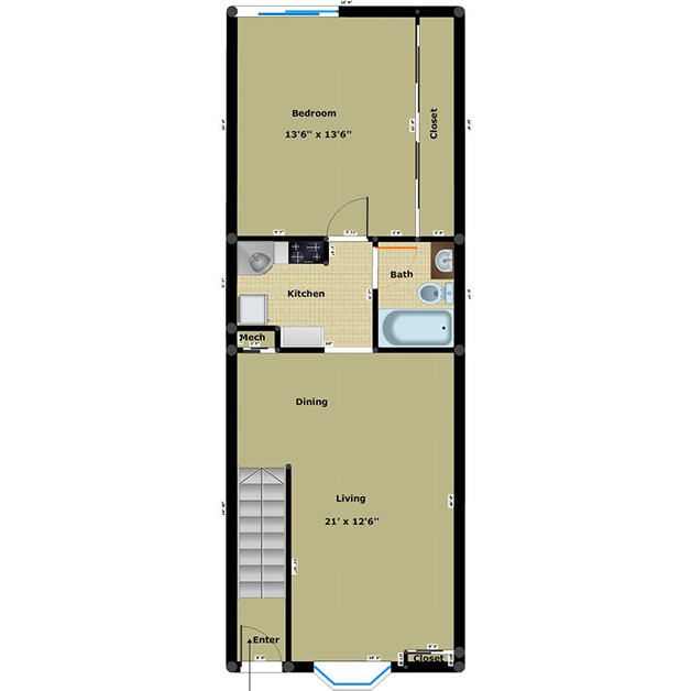 1 bedroom 1 bathroom apartment floor plan of Gateway
