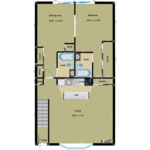 1 bedroom 2 bathroom apartment floor plan of Gateway apartments in Henrico, VA 